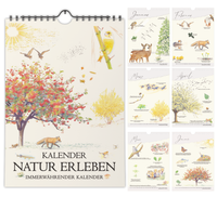 Immerwährender A4 Wandkalender mit naturgetreuen Zeichnungen von Tieren und Pflanzen, schwarzer Spiralbindung und einem Kalendarium, das die phänologischen Jahreszeiten erklärt.