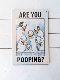 Ein rechteckiges, weißes Metallschild mit der Aufschrift „ARE YOU POOPING?“ oben und unten. In der Mitte blicken sechs neugierige, comicartig gezeichnete Möwen mit großen Augen über eine blaue Mauer direkt nach vorne. Das Schild steht aufrecht vor einem neutralen, hellen Hintergrund.