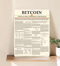 Ein hochformatiges DIN A3 Metallschild lehnt dekorativ an einer hellgrünen Wand auf einem hellen Echtholzfußboden. Zu sehen ist der strukturierte Text des originalen Bitcoin Whitepapers im modernen, minimalistischen Design mit beigen und orangefarbenen Farbelementen.