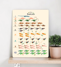 Niedliches Dinosaurier Zahlenposter von 1 bis 10 für Kinder, dargestellt als gerahmtes Papier-Poster und als stabiles Metall-Blechschild mit abgerundeten Ecken und vier Vorbohrungen.
