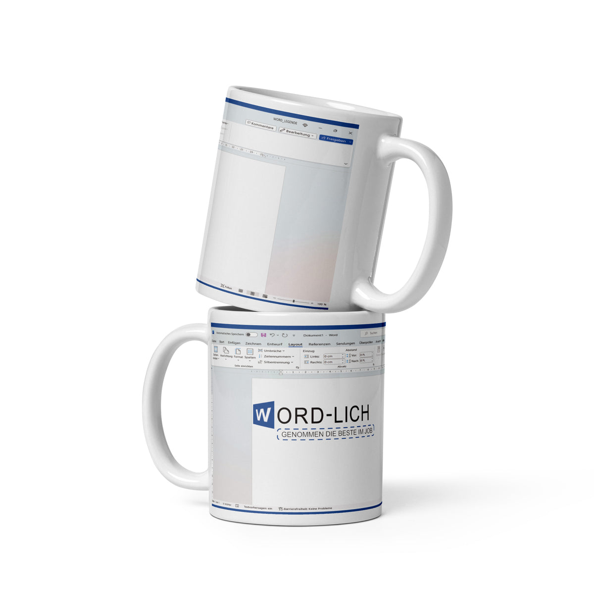 Diese Word Tasse zeigt ein Word Arbeitspapier mit dem Spruch Word-Lich genommen der/die Beste im Job. 
