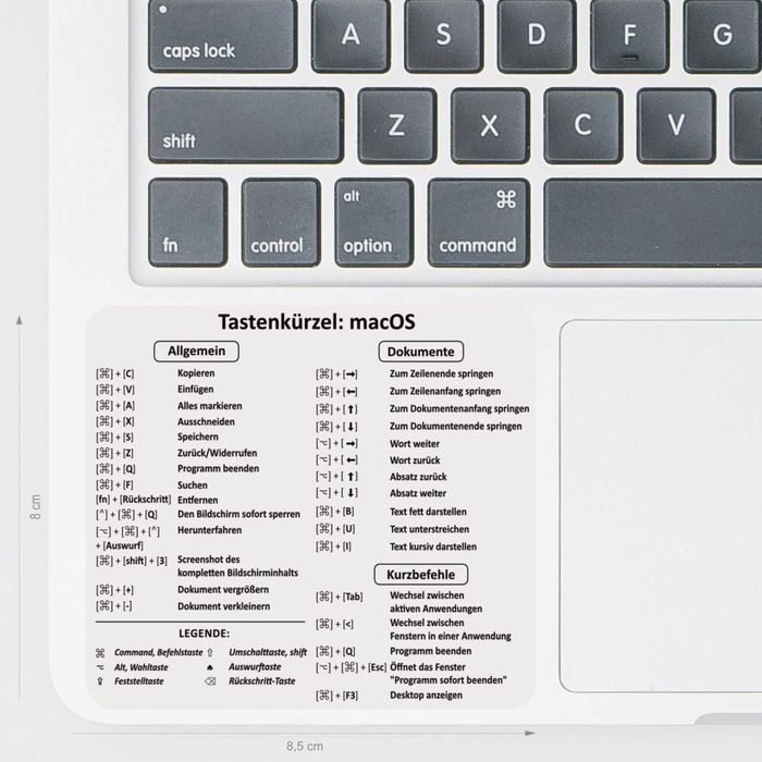 MacBook Shortcut Sticker (8,5 x 8 cm) mit deutschen macOS-Tastenkürzeln – wasserfest, abwaschbar, ideal für effizientes Arbeiten am Laptop.