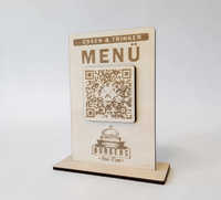 Menü- & Speisekarten-Aufsteller aus Holz – QR-Code, personalisierbarem Text & Logo/Firmennamen. Hochwertige Theke-Deko für Restaurants, 12x8 cm inkl. Fuß. Jetzt individuell gestalten!