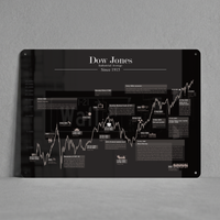 Ein hochformatiges, tiefschwarzes Metallschild mit dem weißen Schriftzug „Dow Jones Industrial Average Since 1915“. Das Motiv zeigt eine detaillierte Infografik des historischen Aktien-Charts mit Meilensteinen und Krisen in weißer Schrift und Grafiken. Vier feine Bohrungen befinden sich in den abgerundeten Ecken.