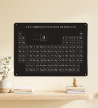 Ein elegantes, modern gestaltetes Metallschild mit dem Periodensystem der Elemente auf Deutsch. Der Hintergrund ist tiefschwarz, die Schrift und die Tabellenlinien sind in kontrastreichem Weiß und Hellgrau gehalten.