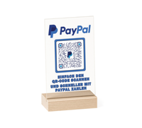 Dieses Acryl-Schild mit Holzfuss ist perfekt, um schnell Bezahlungen über PayPal abzuwickeln. 15x10 cm.