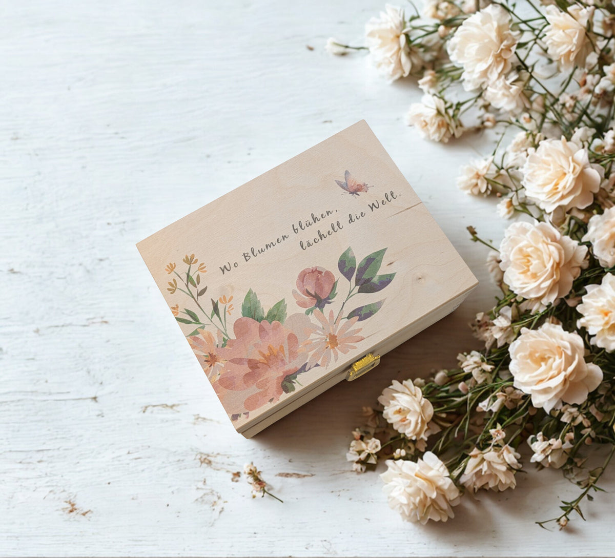 Gravierte Saatgutbox aus Holz mit floraler Illustration – ideal zur stilvollen Aufbewahrung von Blumensamen, Gartenaccessoires oder als Geschenk für Gartenfreunde.