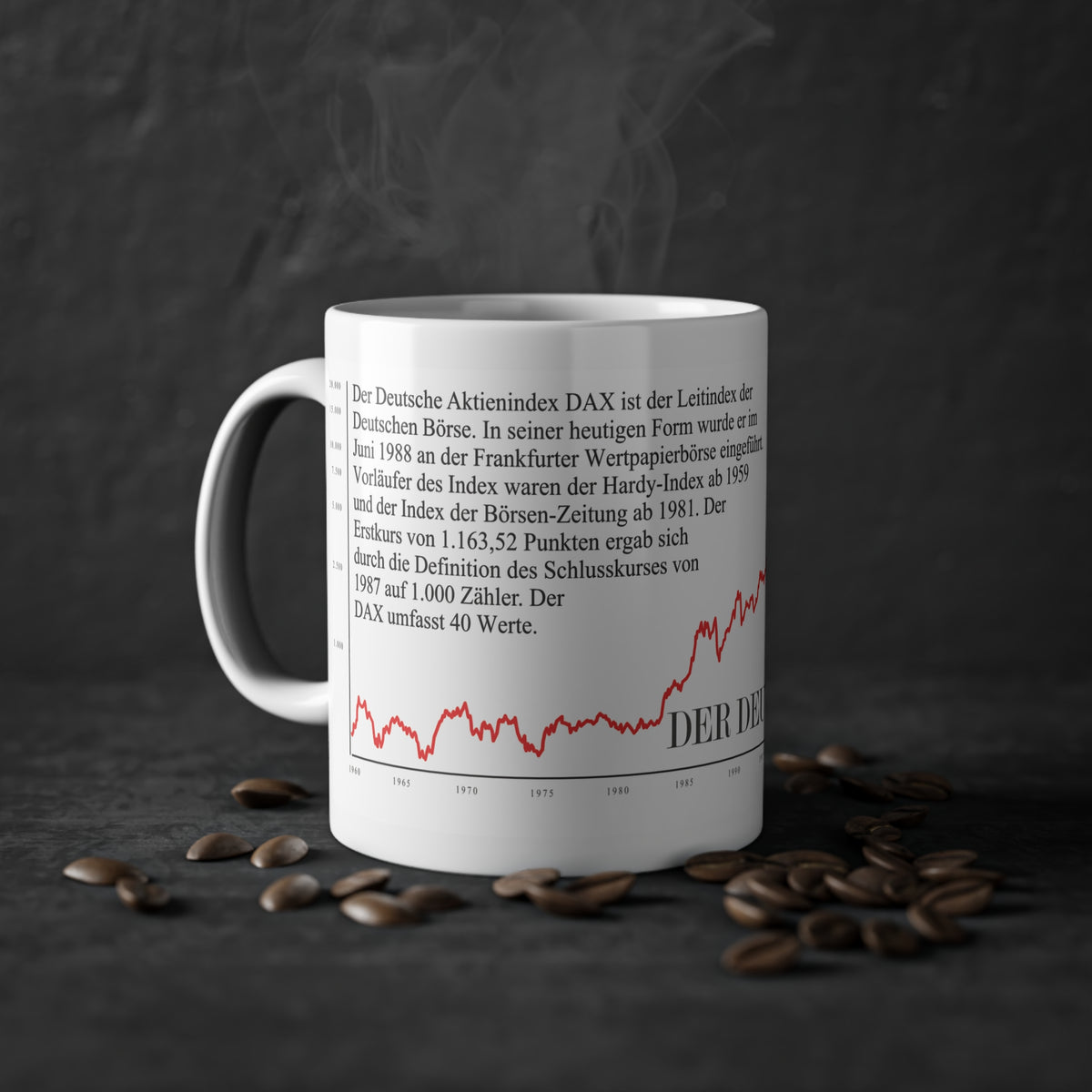Die Tasse mit Börsenthema zeigt den historischen Chart des Deutschen Aktien Indexes seit dem Jahr 1959. Die perfekte Tasse für deinen Büroalltag.
