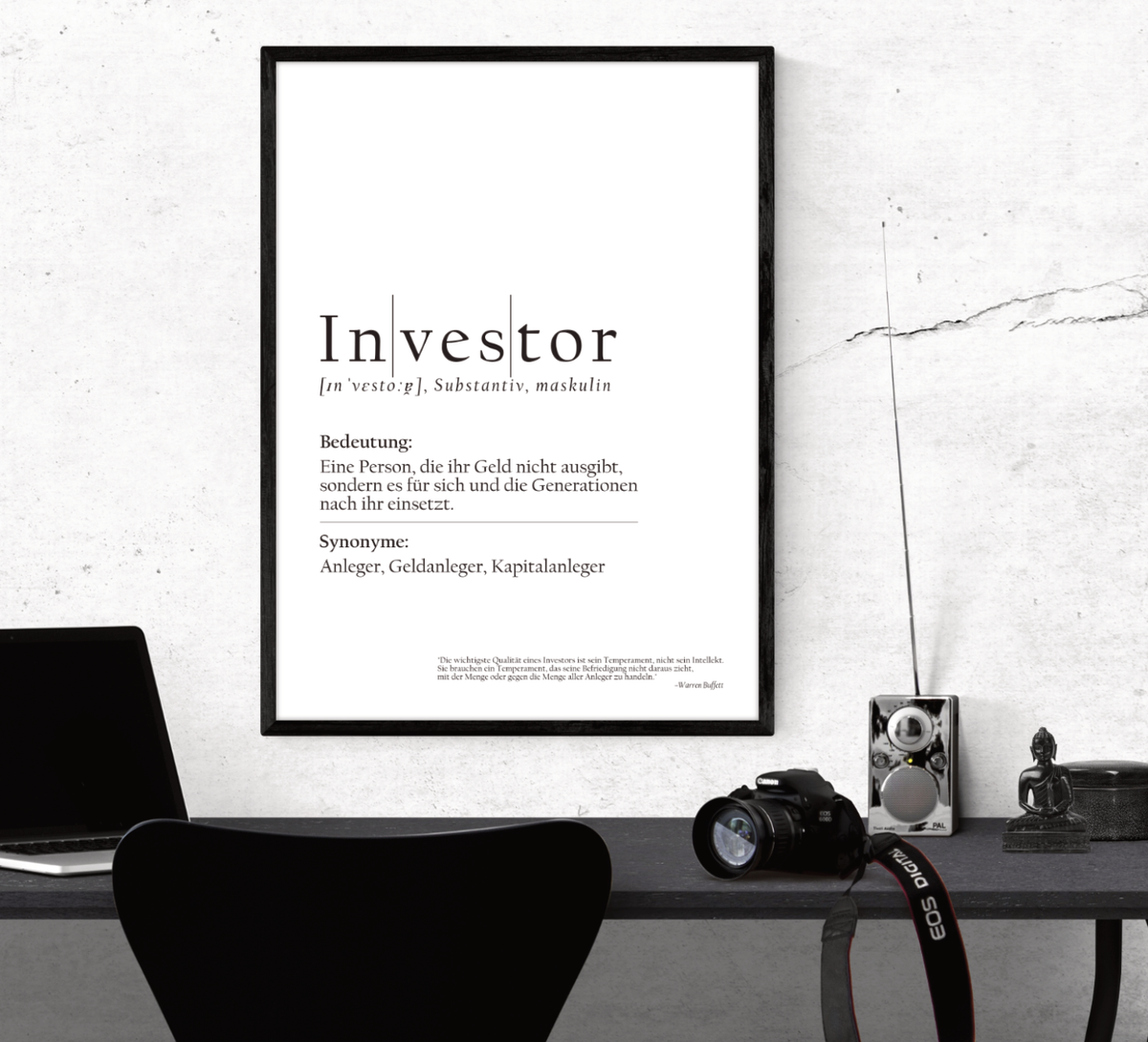 **Investor Poster**  
Definition des Begriffs Investor inkl. Zitat von Warren Buffett. Stilvolles Design in Schwarz oder Weiß. 
