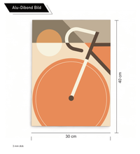 Modernes Fahrrad-Kunstwerk im Mid-Century Stil als UV-Direktdruck auf einer 3mm Alu-Dibond Platte, 30x40 cm, minimalistisches Design für Wanddekoration.