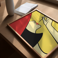 Das Poster zeigt eine elegante Frau der 20 Jahre, die raucht. Das Bild ist in Gelb und Rot gehalten. Das feministische Poster ist perfekt für alle elegante Frauen und dekorativ in jedem Raum, ob Wohn- oder Schlafzimmer.