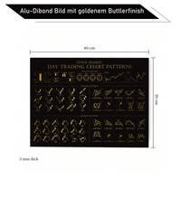 Trading-Infografik auf edlem, goldfarben gebürstetem Alu-Dibond (Butlerfinish). Wandbild mit Chart-Mustern im Format 40x30 cm, inklusive schwebender Wandhalterung für professionelle Dekoration.