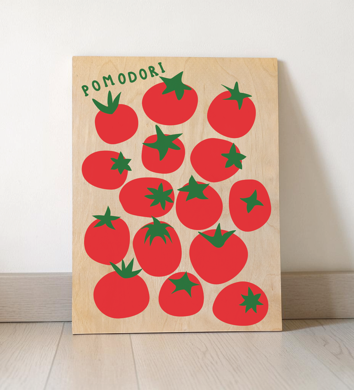 Vintage-Illustration von roten Tomaten auf einer stabilen Birkenholzplatte, Format 30x40 cm, rustikale Küchendekoration im italienischen Stil.