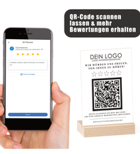 Google Bewertung QR-Code Aufsteller (13x15 cm) Material: Acrylglas + Holzsockel Personalisierung: QR-Code + Logo/Name Entwurf zur Freigabe inklusive Ideal für Tresen, Empfang, Events