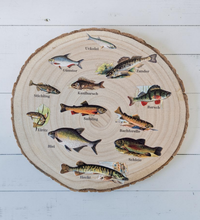Runde Wanddekoration aus hellem Paulownia-Holz mit echter Rinde. Die Holzscheibe zeigt einen kreisförmigen, farbigen UV-Druck mit 12 detailreichen Vintage-Illustrationen von heimischen Süßwasserfischen wie Hecht und Forelle aus der Zeit um 1900. In der Mitte steht der geschwungene Schriftzug "Unsere Fische". Der Druck besitzt ein fühlbares 0,3 mm Relief.