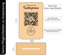 Social Media QR-Code Aufsteller aus Holz – Individuell für Instagram, TikTok, LinkedIn & mehr. Wunschtext & Logo/Firmennamen gravierbar. Hochwertige Theke-Deko inkl. Fuß. Jetzt personalisieren!