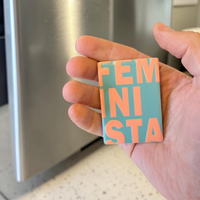 Rechteckiger Keramik-Kühlschrankmagnet mit dem Wort Feminista in Blau und Lachsfarben. Das Design ist im Format 7x5 cm mit einer deutlich sichtbaren 3D-Relief-Textur.