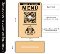 Menü- & Speisekarten-Aufsteller aus Holz – QR-Code, personalisierbarem Text & Logo/Firmennamen. Hochwertige Theke-Deko für Restaurants, 12x8 cm inkl. Fuß. Jetzt individuell gestalten!