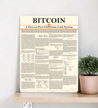Ein hochformatiges DIN A3 Metallschild lehnt dekorativ an einer hellgrünen Wand auf einem hellen Echtholzfußboden. Zu sehen ist der strukturierte Text des originalen Bitcoin Whitepapers im modernen, minimalistischen Design mit beigen und orangefarbenen Farbelementen.