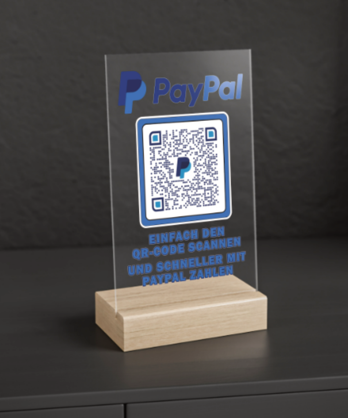 Dieses Acryl-Schild mit Holzfuss ist perfekt, um schnell Bezahlungen über PayPal abzuwickeln. 15x10 cm.