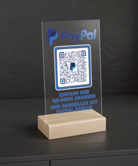 Dieses Acryl-Schild mit Holzfuss ist perfekt, um schnell Bezahlungen über PayPal abzuwickeln. 15x10 cm.