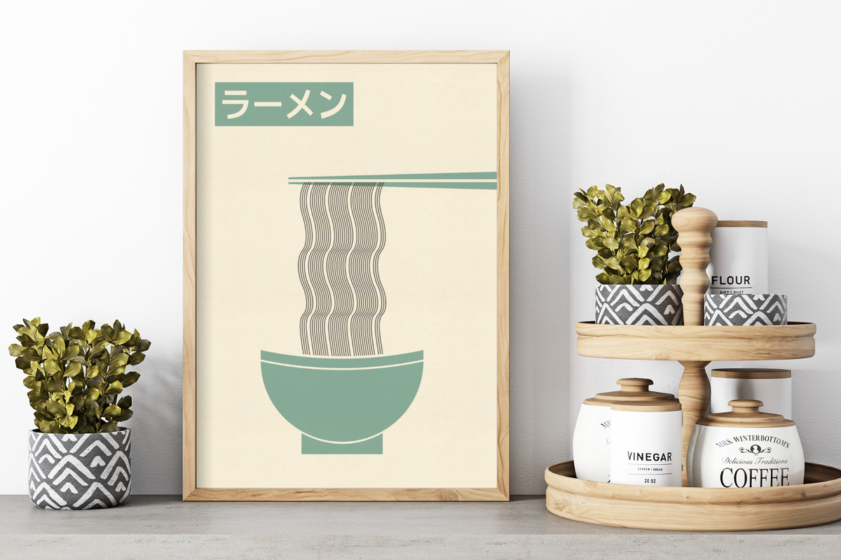 Dieses minimalistische Poster japanischer Ramen-Nudeln, mit den Schriftzeichen für Ramen, ist die perfekte Wanddeko für deine Küche. 