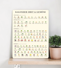 Saisonkalender für Obst und Gemüse als Küchenbild – liebevoll illustriert mit Jahreszeitenübersicht, nachhaltigem Design und UV-Druck auf 3mm MEtallschild, das Bild ist ideal als Küchendeko oder Geschenk für umweltbewusste Haushalte.