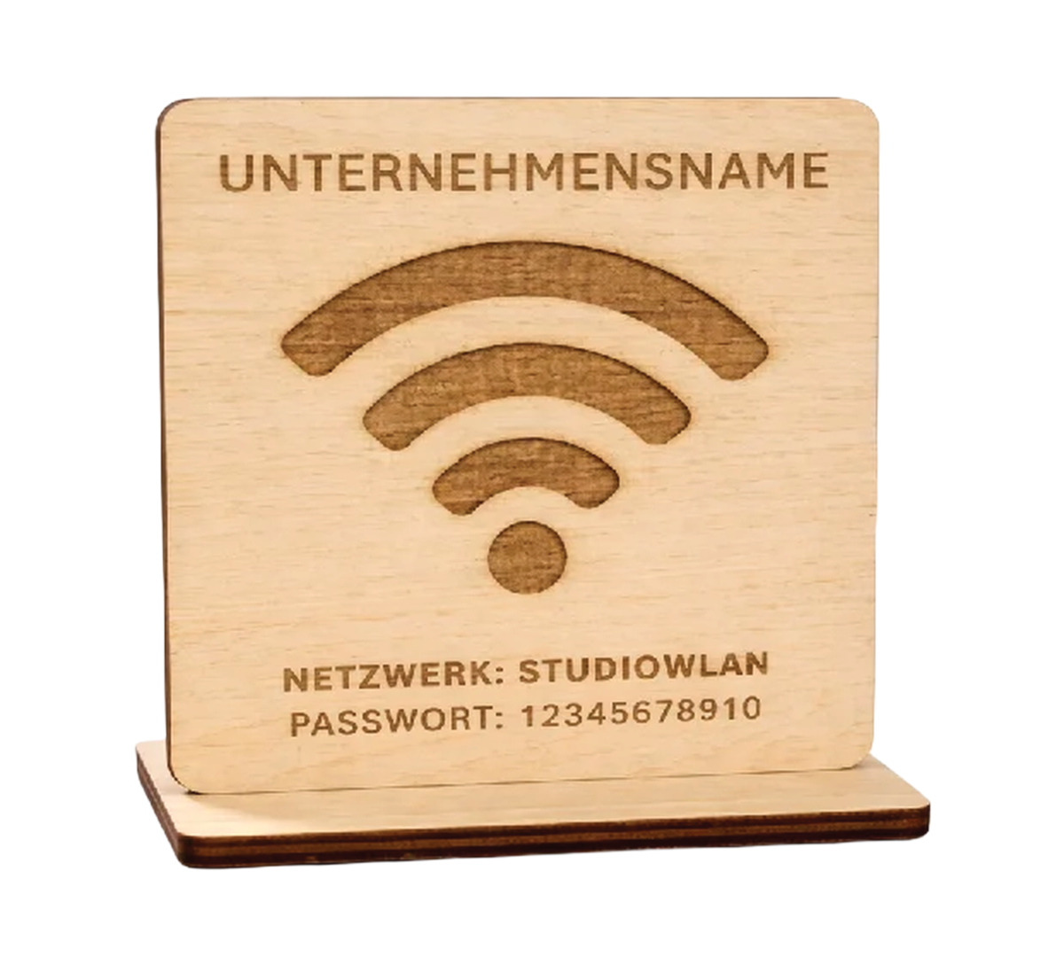 WLAN-Aufsteller aus Holz (7×7 cm) inkl. Kartenhalter. Wähle QR-Code oder Klartextgravur. Bitte sende Netzwerknamen & Passwort zur Personalisierung. Ideal für Gäste, Café, Büro oder Airbnb.