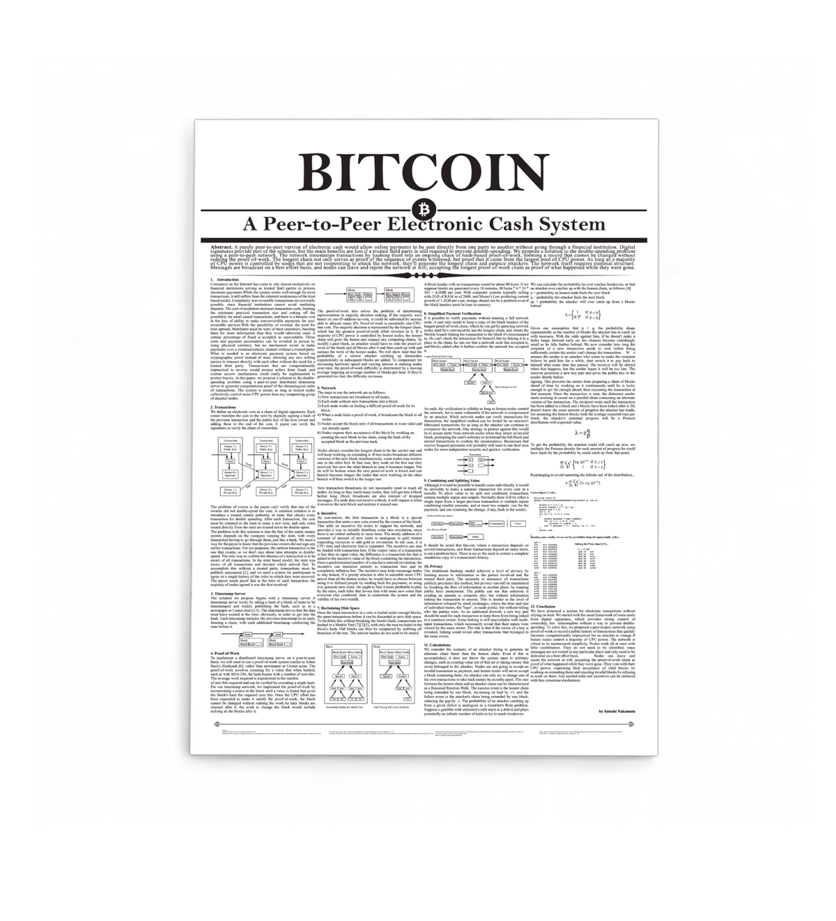 Minimalistisches Krypto-Wandbild des originalen Bitcoin Whitepapers von Satoshi Nakamoto. Erhältlich als als robuster 3mm Alu-Dibond-Direktdruck.
