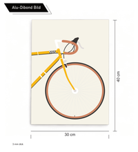 Minimalistisches Rennrad-Wandbild als UV-Direktdruck auf 3mm Alu-Dibond Platte, Format 30x40 cm, modernes Design für Radsport-Fans und Loft-Einrichtungen.