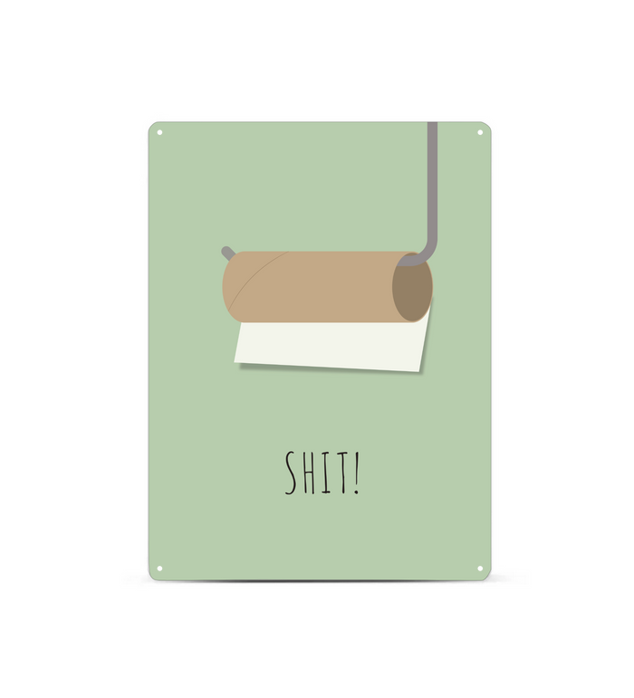 Das witzige Badezimmer-Bild aus Metall zeigt dir eine minimalistische Darstellung einer leeren Toilettenpapierrolle mit Halterung und dem Wort Shit.