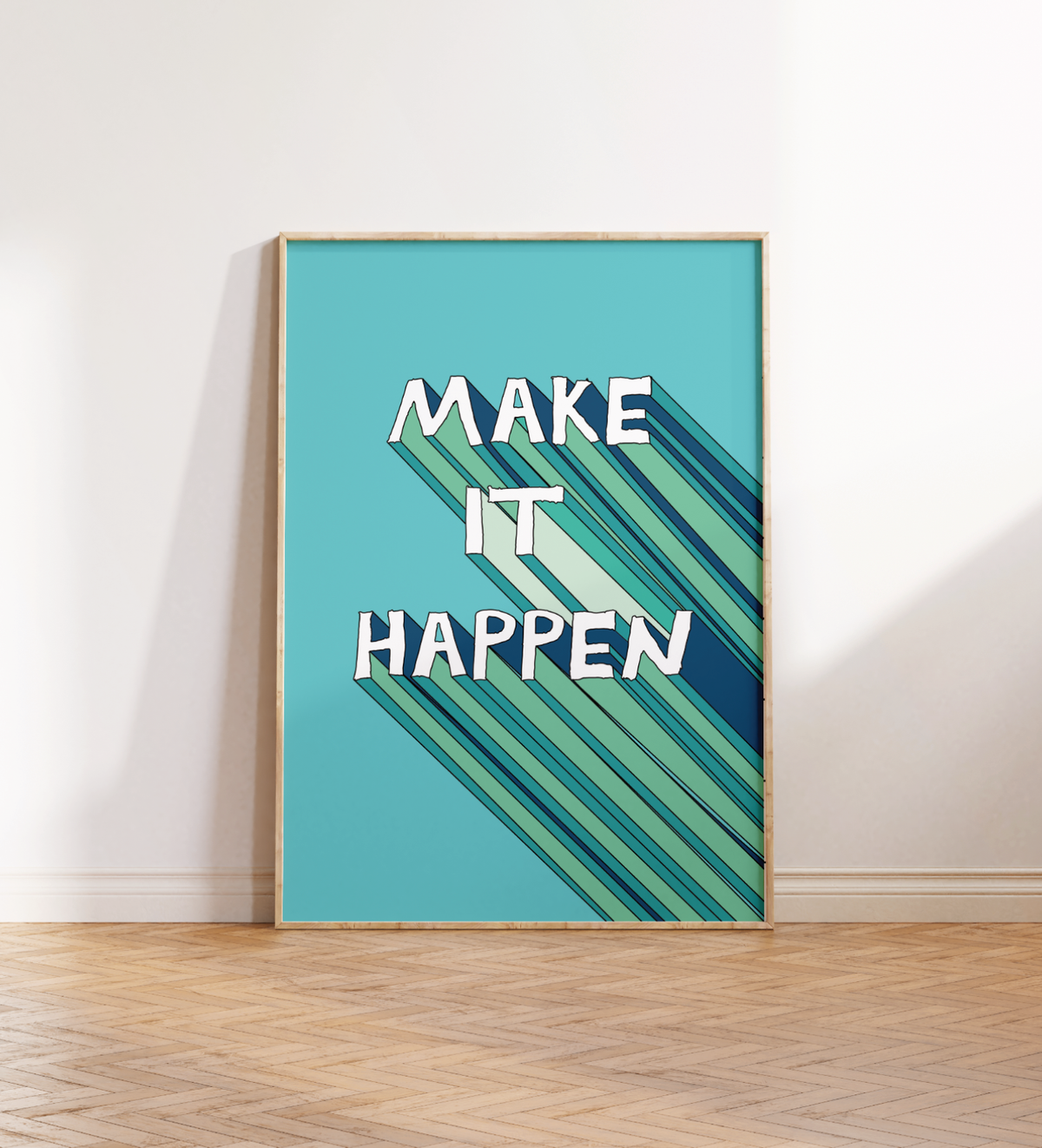 Motivations-Poster mit dem Schriftzug „Make It“ im 3D-Retro-Stil der 70er Jahre, hochwertiger Kunstdruck in Braun und Beige auf strukturiertem Hintergrund.