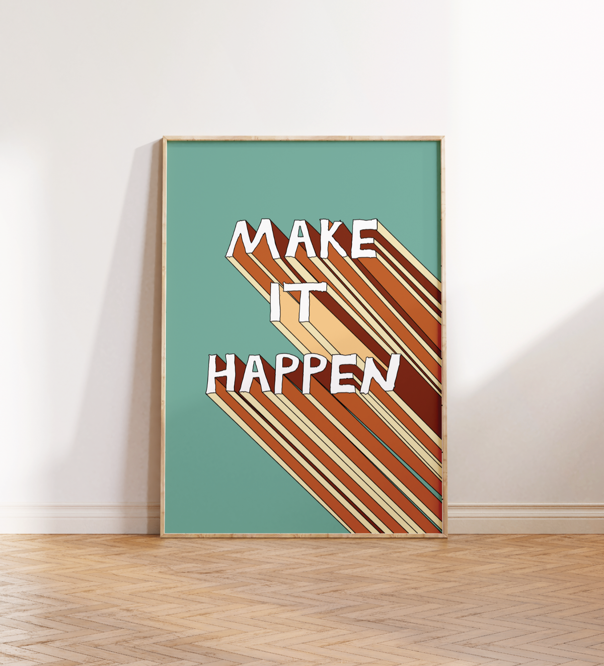 Motivations-Poster mit dem Schriftzug „Make It“ im 3D-Retro-Stil der 70er Jahre, hochwertiger Kunstdruck in Braun und Beige auf strukturiertem Hintergrund.
