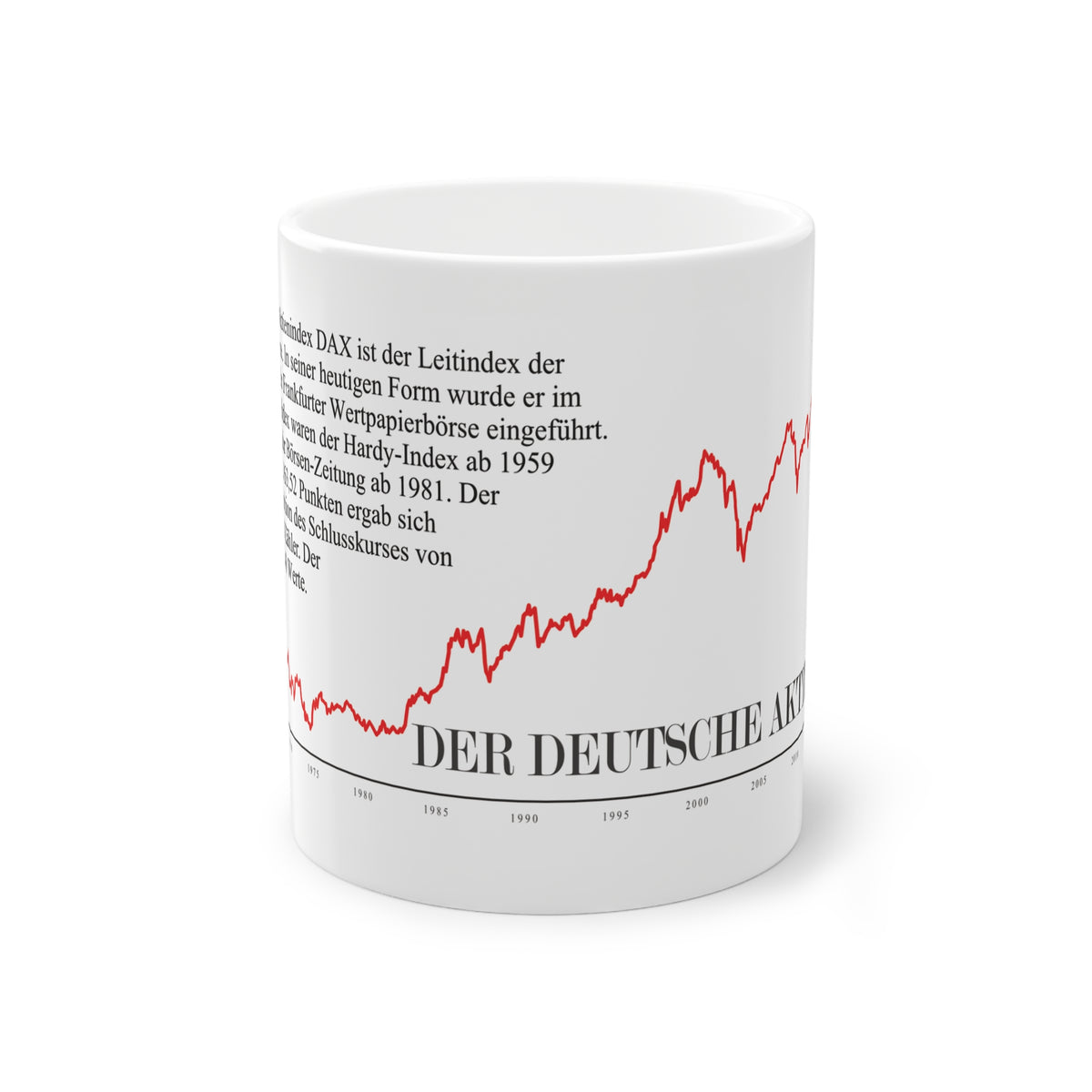 Die Tasse mit Börsenthema zeigt den historischen Chart des Deutschen Aktien Indexes seit dem Jahr 1959. Die perfekte Tasse für deinen Büroalltag.