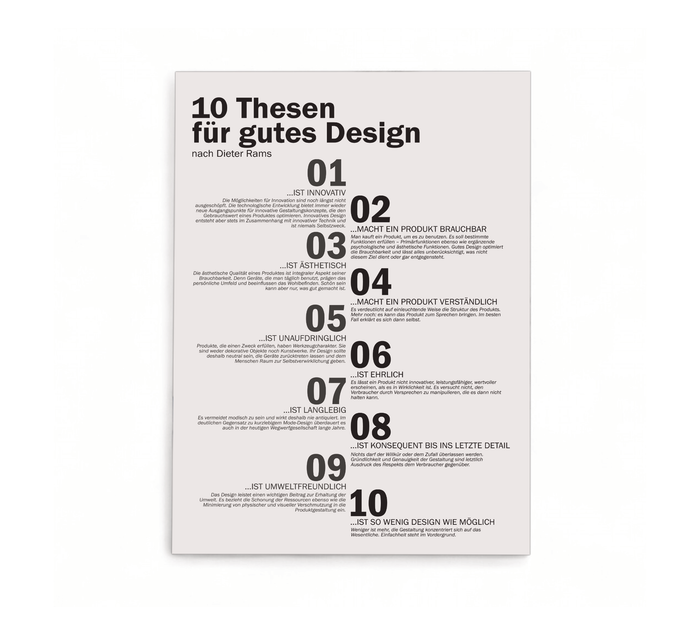 Minimalistisches Wandbild mit den 10 Thesen für gutes Design nach Dieter Rams. Hochwertiger, matter UV-Direktdruck auf einer stabilen 3mm Alu-Dibond Platte im Format 30x40 cm.