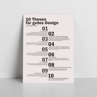 Minimalistisches Wandbild mit den 10 Thesen für gutes Design nach Dieter Rams. Hochwertiger, matter UV-Direktdruck auf einer stabilen 3mm Alu-Dibond Platte im Format 30x40 cm.