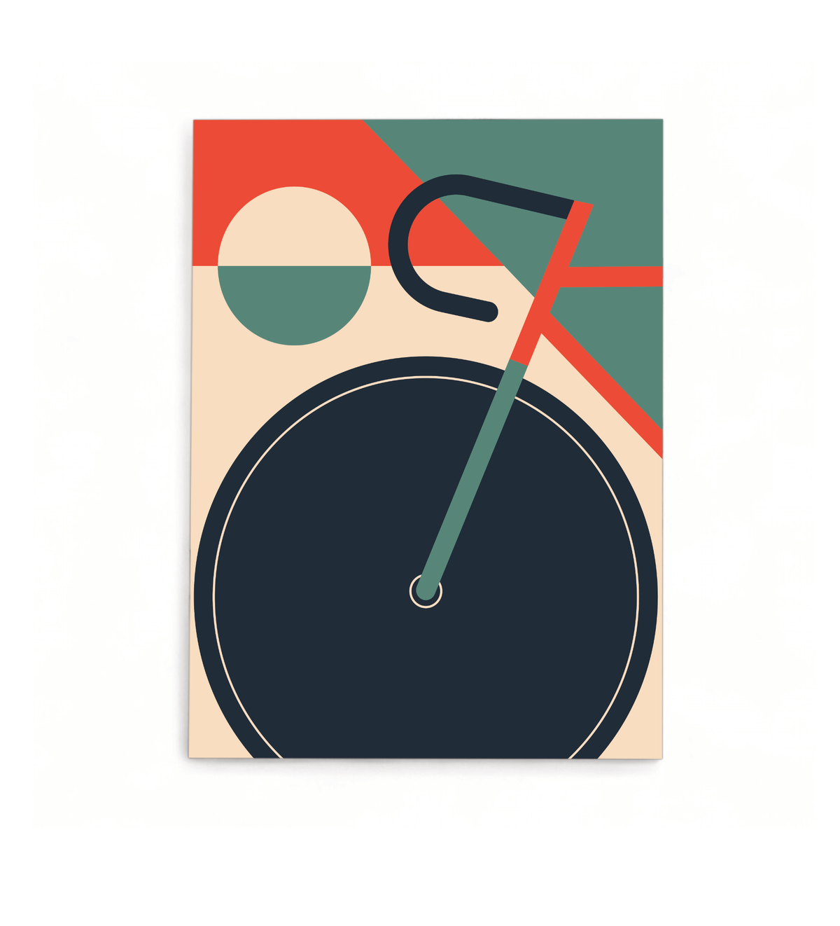 Modernes Fahrrad-Kunstwerk im Mid-Century Stil als UV-Direktdruck auf einer 3mm Alu-Dibond Platte, 30x40 cm, minimalistisches Design für Wanddekoration.