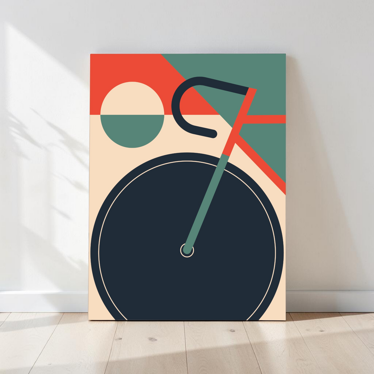 Modernes Fahrrad-Kunstwerk im Mid-Century Stil als UV-Direktdruck auf einer 3mm Alu-Dibond Platte, 30x40 cm, minimalistisches Design für Wanddekoration.