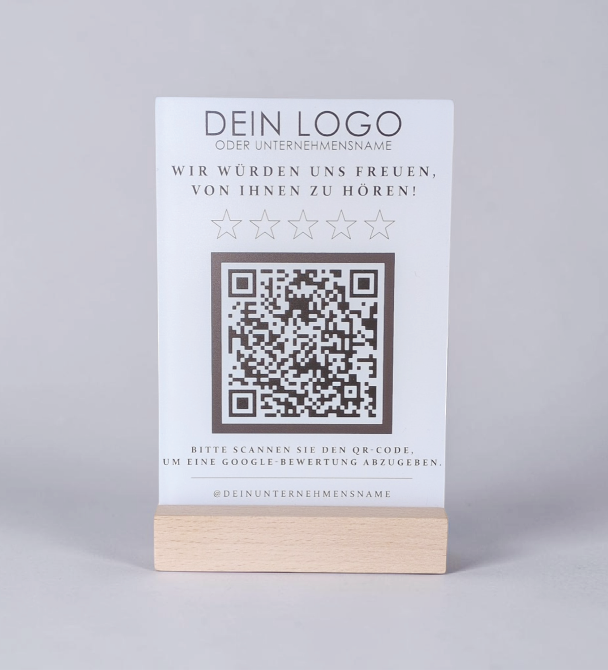 Google Bewertung QR-Code Aufsteller (13x15 cm) Material: Acrylglas + Holzsockel Personalisierung: QR-Code + Logo/Name Entwurf zur Freigabe inklusive Ideal für Tresen, Empfang, Events