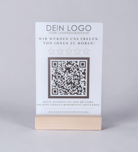 Google Bewertung QR-Code Aufsteller (13x15 cm) Material: Acrylglas + Holzsockel Personalisierung: QR-Code + Logo/Name Entwurf zur Freigabe inklusive Ideal für Tresen, Empfang, Events