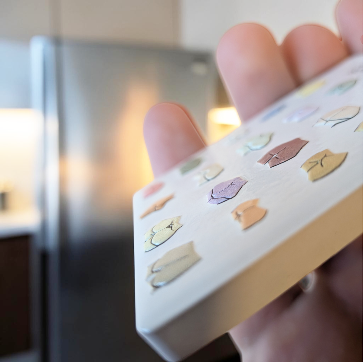 Rechteckiger Keramik-Kühlschrankmagnet (7x5 cm) mit seidenmatter Glasur. Auf weißem Grund steht der schwarze Spruch 'JEDER Arsch IST WILLKOMMEN' über 20 bunten, verschieden geformten Hintern im fühlbaren 3D-Relief.