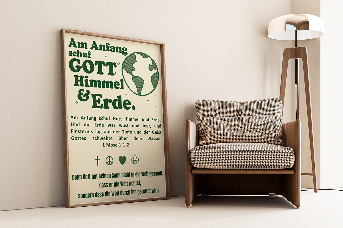 Dieses christliche Poster auf deutsch mit dem zeigt 1 Mose 1:1-2 "Am Anfang schuf Gott Himmel und Erde." 