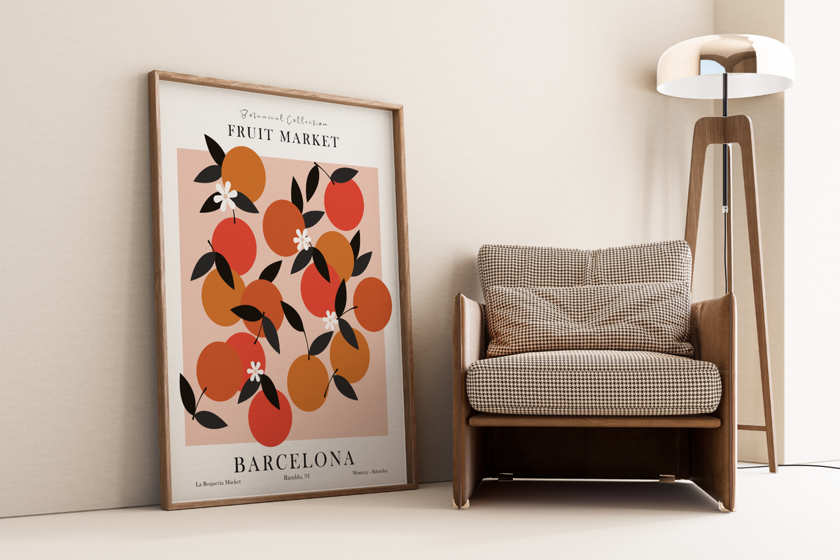 Das Poster ist ein fiktives Bild des Früchtemarktes in Barcelona.