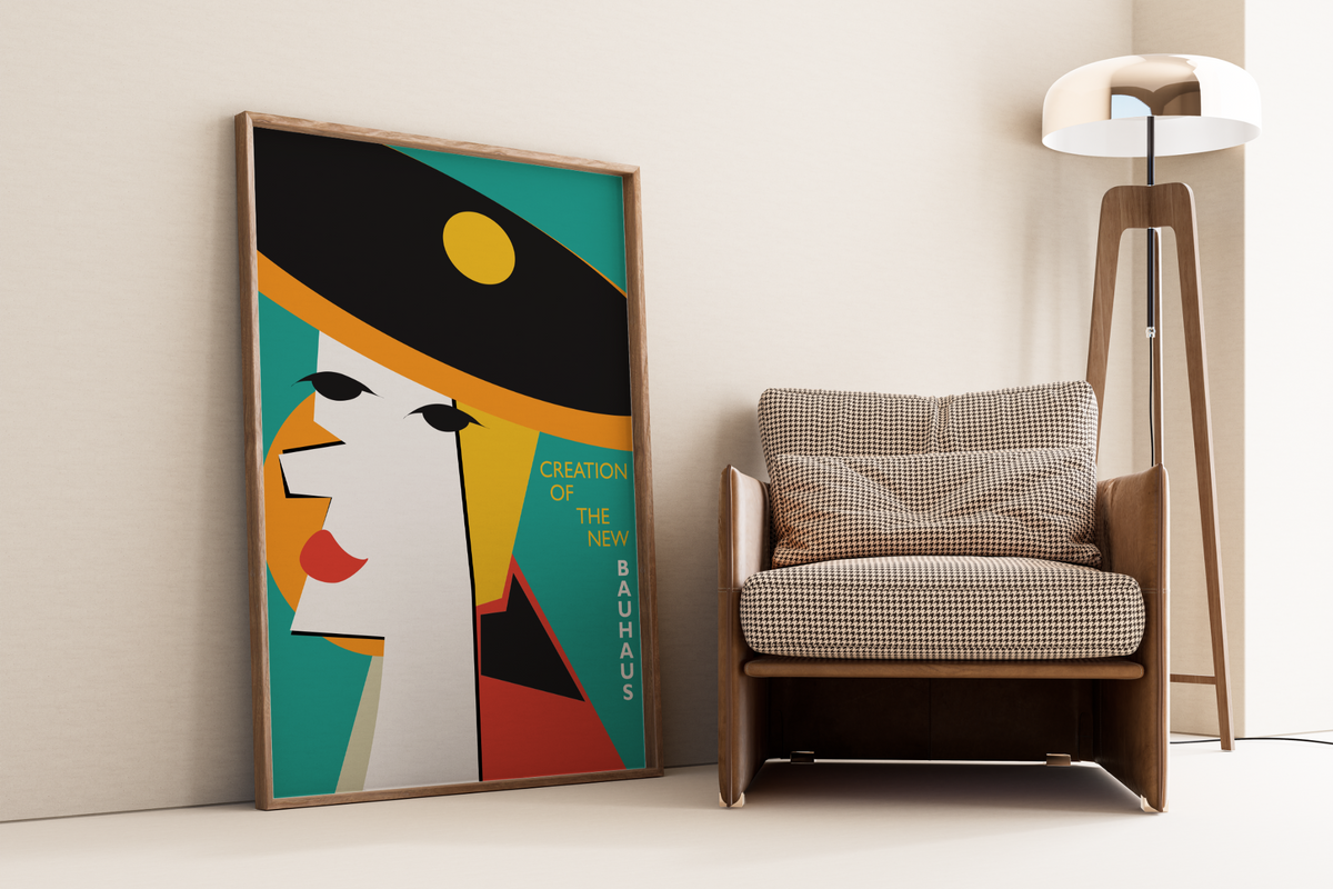 Das Bauhaus Poster zeigt dir in unterschiedlichen geometrischen Formen ein bunt dargestelltes Frauen Gesicht.