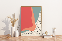 Das Poster zeigt eine abstrakte Darstellung in den Farben Rot, Orange und Blau. 