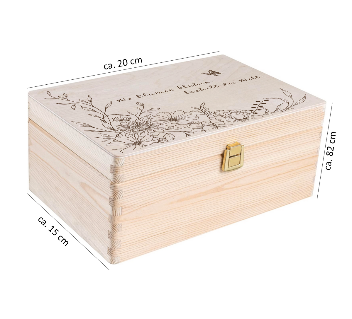 Gravierte Saatgutbox aus Holz mit floraler Illustration – ideal zur stilvollen Aufbewahrung von Blumensamen, Gartenaccessoires oder als Geschenk für Gartenfreunde.