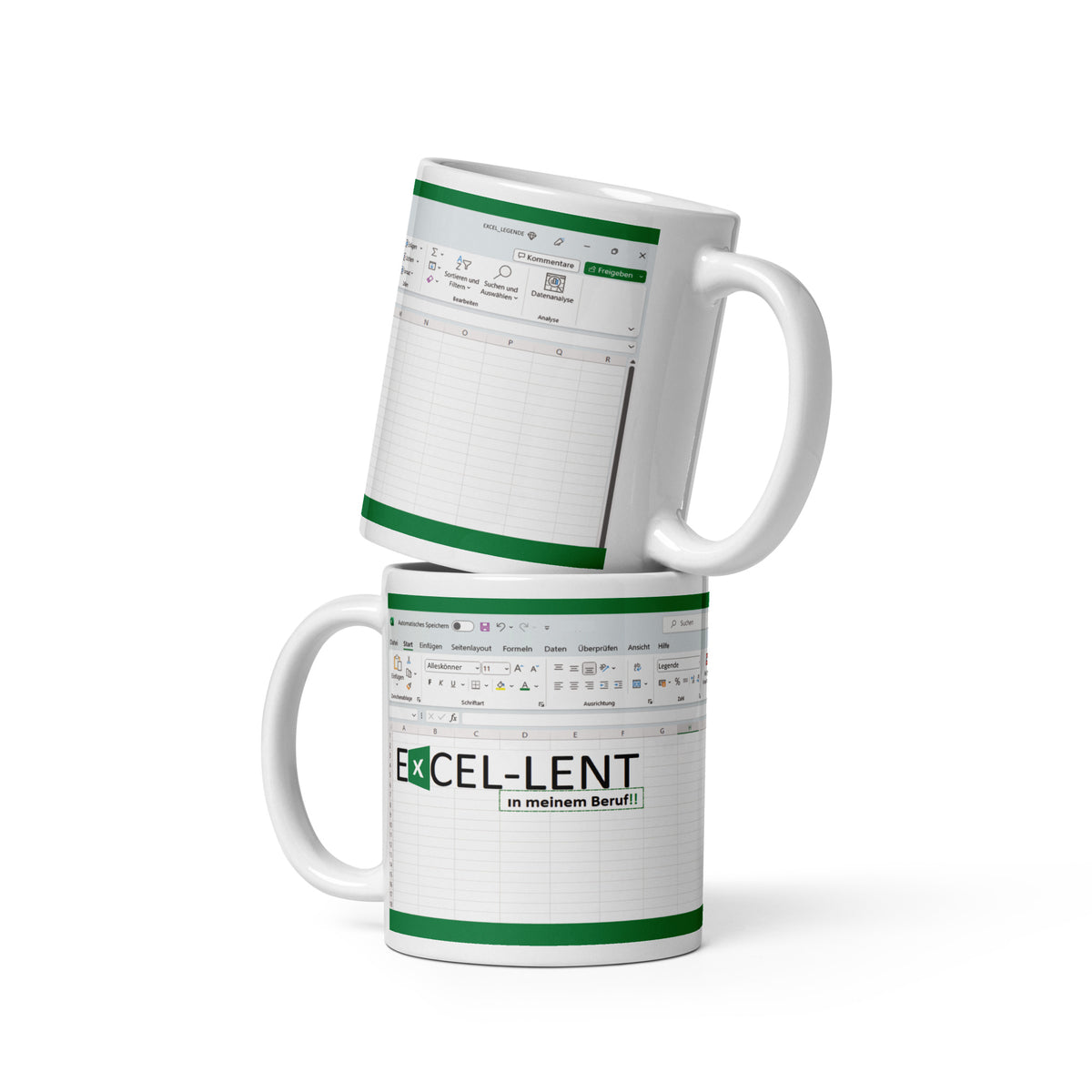 Diese Excel Tasse zeigt ein Excel Arbeitspapier mit dem Spruch Excel-lent in meinem Beruf. 