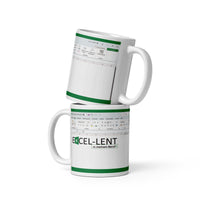 Diese Excel Tasse zeigt ein Excel Arbeitspapier mit dem Spruch Excel-lent in meinem Beruf. 