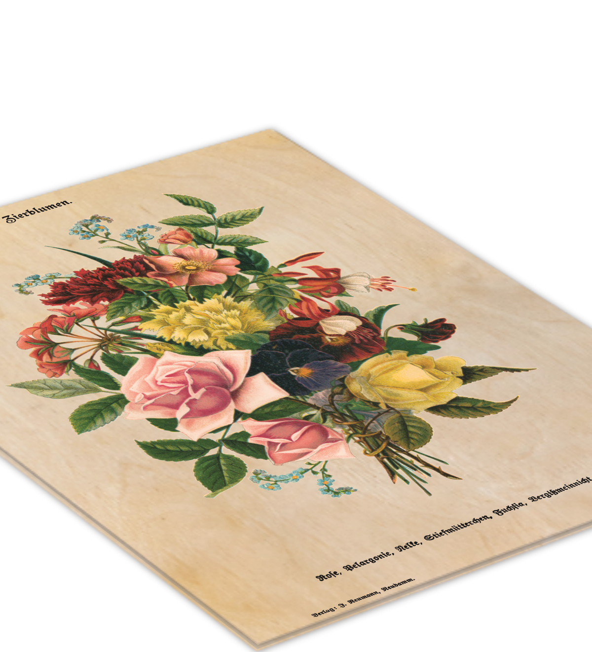 Vintage-Illustration bunter Blumen, hochwertiger UV-Druck auf einer 9mm dicken Birkensperrholzplatte im Format 30x40cm, natürliche Holzmaserung scheint leicht durch, rustikaler Look für die Wand.