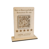 Google Bewertungs-Aufsteller aus Holz – QR-Code mit Google-Logo und personalisierbarem Text. Stilvolle Theke-Deko für mehr Bewertungen. Größe: 12x8 cm, inkl. Fuß. Jetzt individuell gestalten!